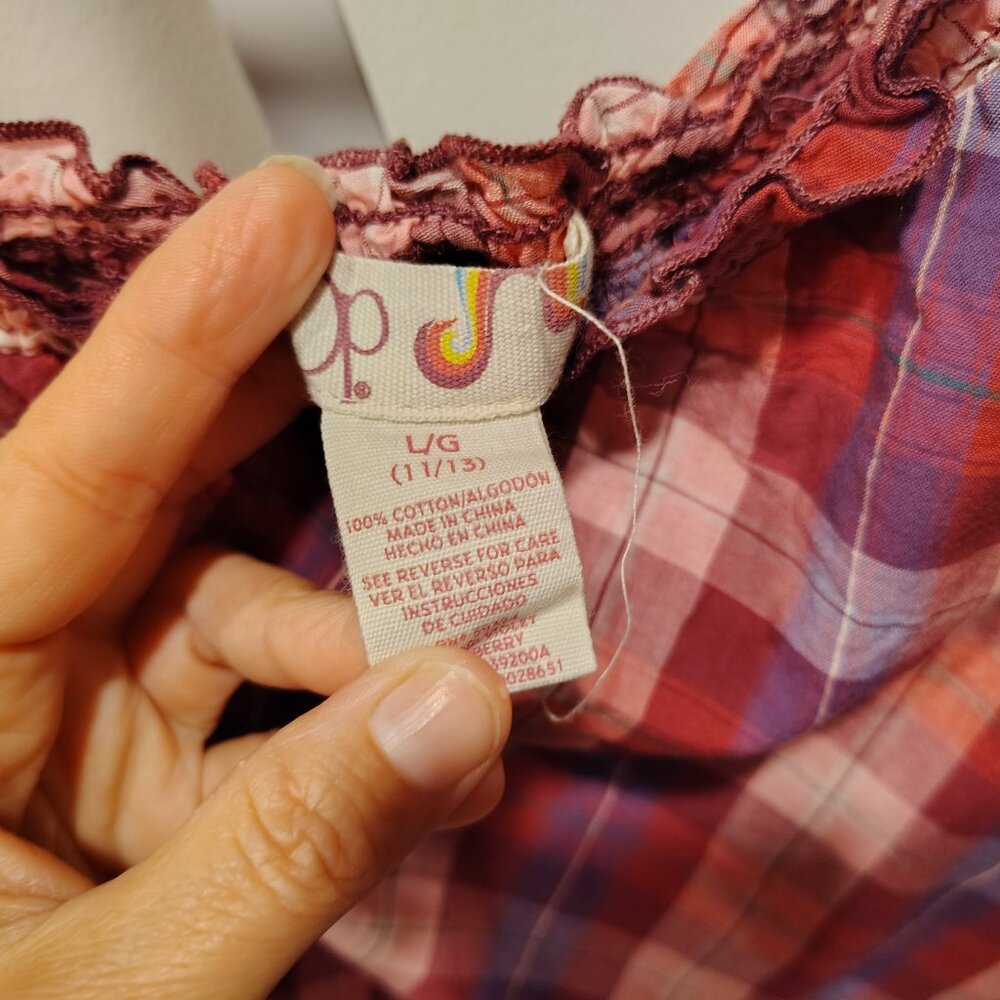 Y2K Vintage OP Junior's Plaid Tank Top Large Purple Pink Ruffle Straps Cotton - Picture 6 of 10